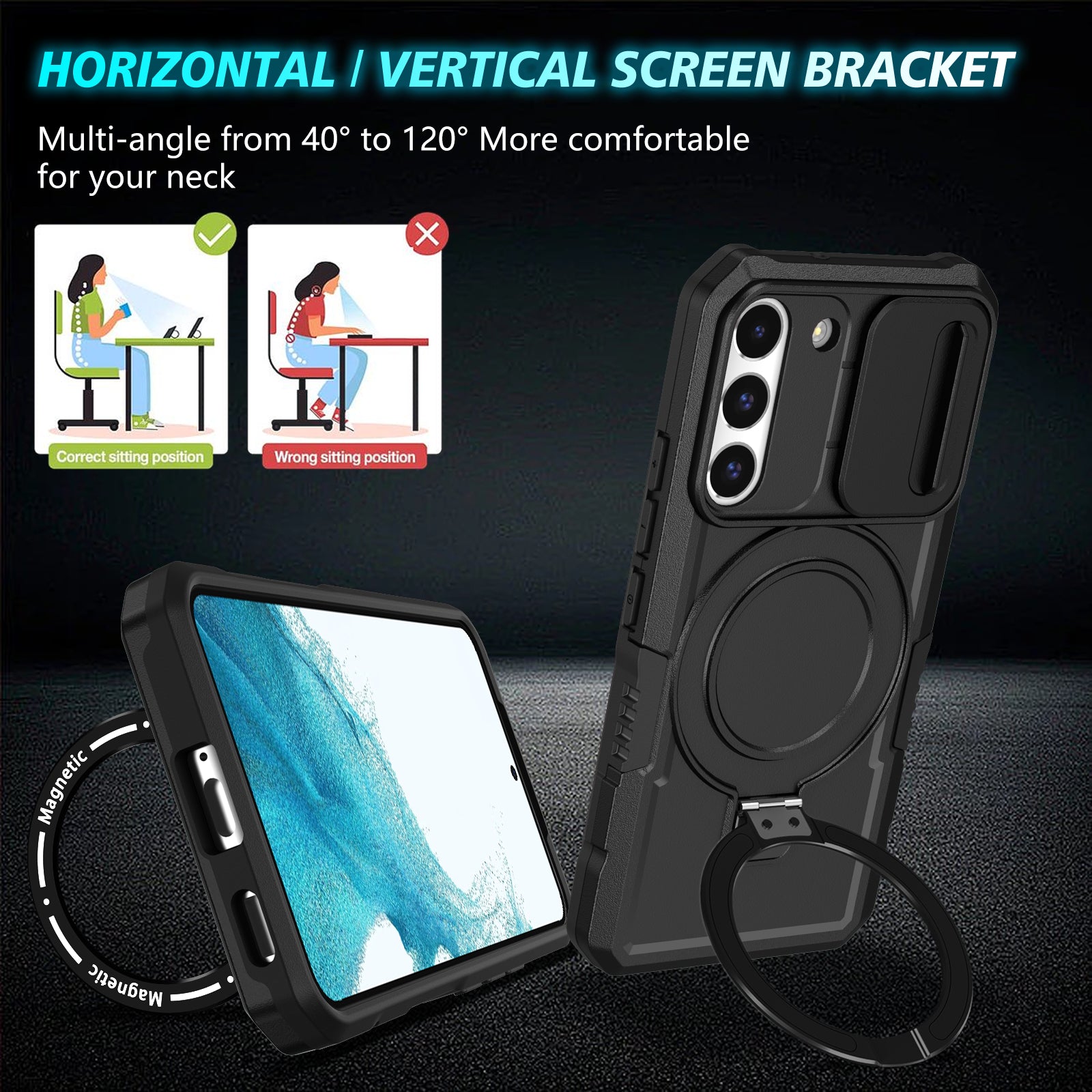 For Samsung Galaxy S22+ 5G kickstand Case PC+TPU Magnetic Phone Shell with Lens Cover For Samsung Galaxy S22+ 5G kickstand Case PC+TPU Magnetic Phone Shell with Lens Cover